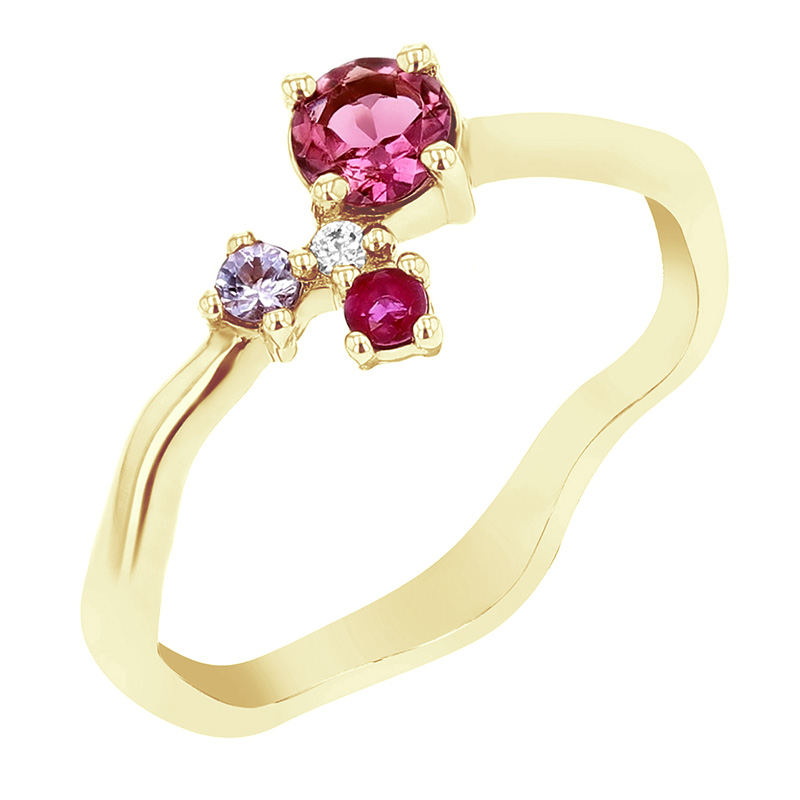 Strieborný cluster prsteň s turmalínom, tanzanitom, rubínom a diamantom Roth