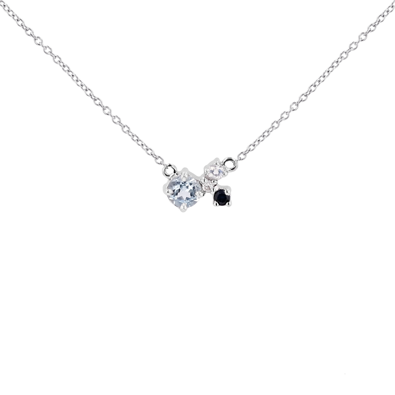 Strieborný cluster náhrdelník s akvamarínom, zafírom, mesačným kameňom a diamantom M 116149