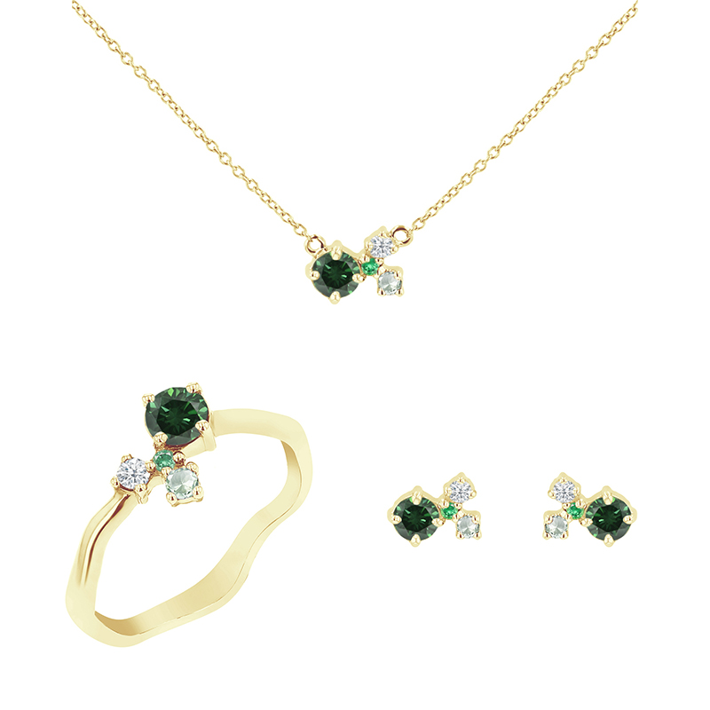 Cluster kolekcia šperkov so zelenými diamantmi a drahokamami Ari