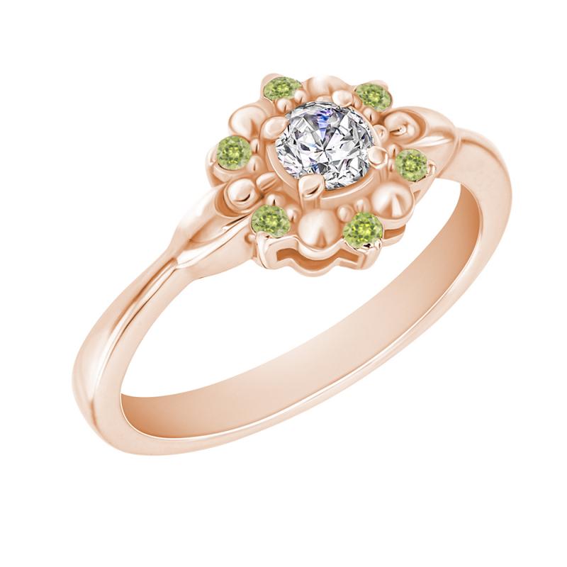 Zlatý zásnubný prsteň s diamantom a olivínmi 28749