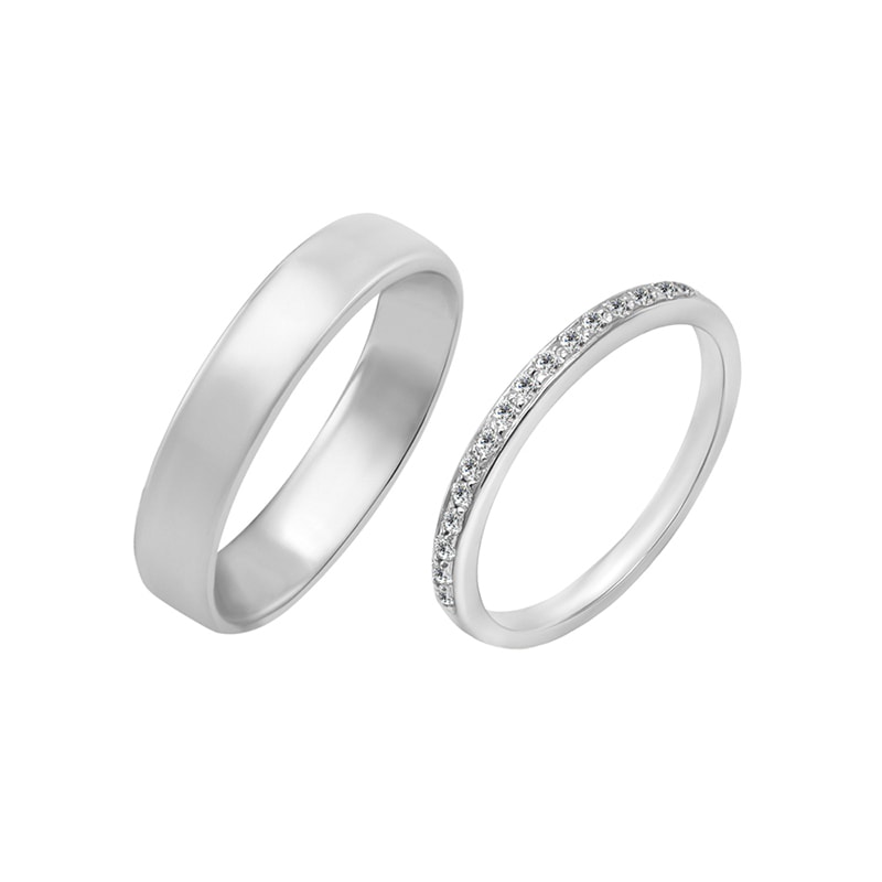 Zlaté svadobné prstene s eternity obrúčkou a pánskym prsteňom 29619