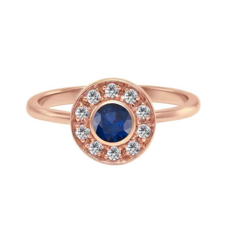 Diamantový prsteň v halo štýle s modrým zafírom