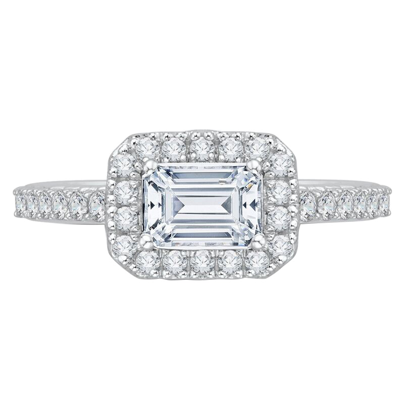 Zlatý zásnubný prsteň s emerald diamantom v halo štýle 60549
