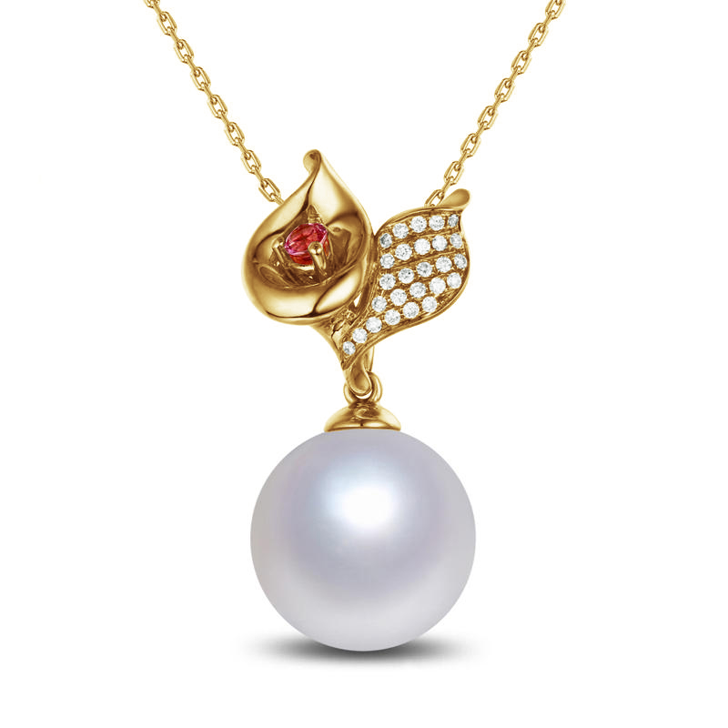 Zlatý náhrdelník s perlou, turmalínom a diamantmi 76349
